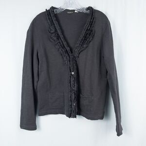 Eddie Bauer Floral Ribbon Trim Slub Knit Button Cardigan Womens Large Gray Boho